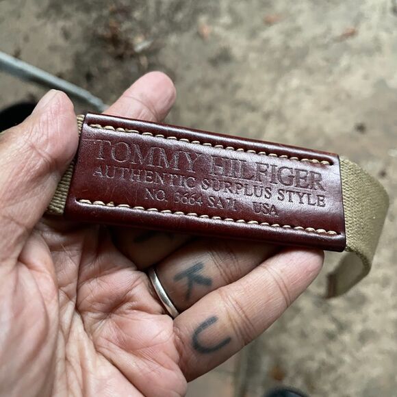 Vintage 90s TOMMY HILFIGER BELT 34 Authentic Surplus Style Leather Webbing Brass - Picture 2 of 5